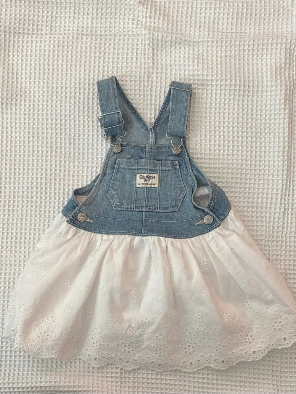 OshKosh B'gosh Light Blue Denim Overall Dress with White Eyelet Skirt